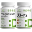 Magnesium Glycinate 500mg Veggie Capsules &amp; Vitamina D3 5,000iu + K2 100mcg Softgels Bundle – Fácilmente Absorbed Chelated Mineral – D & K Essential Sunshine Vitaminas