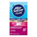 Alka-Seltzer Plus Cough & Sore Throat Fizzy Chews, No Water Needed, On The Go Sore Throat Relief for Adults, Raspberry Flavor, 24 Count