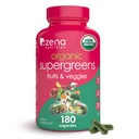 Zena Nutrition Organic Super Greens Fruit & Veggies Suplemento, 70+ Superfoods from Fruit & Vegetables, 3g Fiber, Spirulina, Clorella, Prebióticos " Probióticos, Enzimas digestivas, 180 cápsulas