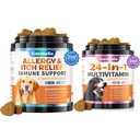 Alergia de perros Chews + Carmelie 24 en 1 Perro Multivitamínico Chewable - 400 Treats - Alivio Estacional de Alergia + Vitaminas de Perro para Hip " Conjunto, Esquí y Carne, Salud Inmune (Chicken Flavor)