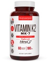 Vitamina k2 MK-7 Suplemento 180mcg -Vitamin K2 soporta la salud ósea y cardíaca para la absorción de calcio cardiovascular de las arterias- 60 capas vegetales fáciles de absorber de MenaQ7 K2 MK7