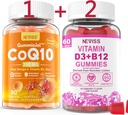 NEVISS Sin azúcar CoQ10-250 mg Mangas llenas,60Cts + Vitamina Vegana D3 5000IU &amp; Metil B12 1000mcg Gummies, 120Cts