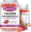 Calcio Gummies, Calcio Magnesio Zinc con Vitamina D3 & K2, Suplemento de magnesio de Calcio para B0nes Muscles, Grape Flavor - 120 Condes