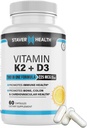 Vitamina K2 D3 w/Calcium y Bioperina, Vitamina K2 (MK7) con suplemento D3 No GMO, Vitamina D3, Vitamina K2 MK-7 Fácil de absorber vitamina D & K Complejo, 60 cápsulas