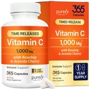 Vitamina puramente Holística C 1000mg, 365 cápsulas, 12 meses de suministro, 2 etapas de liberación con ácido ascórbico, Rosehip &amp; Acerola Cherry Bioflavonoid, Immune System Support, Vegan