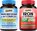 Suplemento de hierro con vitamina C 60 Tabletas " 6 en 1 Suplemento Complejo de Magnesio 120 cápsulas