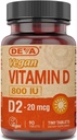 Deva Vitamina Vegana D2 800 UI, Suplemento Ergocalciferol sin ingredientes animales, disuelve rápido, 90 Tabletas, 1-Pack