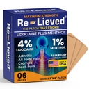 Re-lieve 4% Lidocaine Patches with Menthol - Maximum Strength Pain Relief for Back, Knee & Muscle Pain - Fast-Acting Medicated Patches - Made in USA - 6 Count
