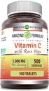 Fórmulas asombrosas Vitamina C con Rose HIPS Suplemento TENIDO 1000 Mg TENIDO Tablets TENIDO Non-GMO TEN Gluten Free ← Made in USA (500 Conde)