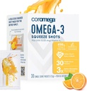Coromega Omega 3 suplemento de aceite de pescado con vitamina adicional D3, 650 mg de Omega-3 con 3X mejor absorción que los Softgels, sabor de naranja tropical, 30 paquetes de squeeze única