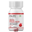 INLIFE Suplemento ácido fólico de hierro colado con vitamina C, E, B12, Zinc &amp; Selenium para hombres Mujeres - 60 Tabletas