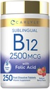 Carlyle Vitamina B12 Sublingual 2500 mcg ← 250 Tablas rápidas de disuelve Silencio Cianocobalamina Suplemento con ácido fólico para adultos Silencio Natural Berry Flavor ← Vegetariano, No GMO, y Gluten Gratis