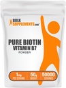 BulkSupplements.com Polvo de Biotina Pura - como Vitamina B7, Vitaminas de Biotina para el cabello, la piel y las uñas - Gluten Gratis, 1 mg por Serving, 50g (1.8 oz) (Pack de 1)