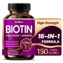 GriMed BIOTIN con Collagen + Keratin 7,275mg fuertes uñas " pelo, piel radiante, envejecimiento saludable- EE.UU. probado " (150 conteo (Pack of 1))