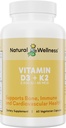 Natural Wellness Vitamina D3 + K2 – High Potency Vitamin D3 2500 UI & K2 MK-7 45 mcg – Apoya Bone Strength, Heart Health, Immunity & Metabolism - All-in-One Natural Vegan Suplemento, 90 cápsulas