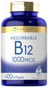 Carlyle Vitamina B12 1000 mcg Absorbable ← 400 Softgels Silencio No GMO y Gluten Suplemento Gratis