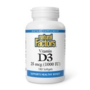 Factores naturales, Vitamina D3 1000 UI (25 mcg), soporta huesos fuertes, músculos y función inmunitaria, 180 tabletas