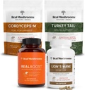 Real Mushrooms RealBoost (60ct), Lions Mane (120ct), Cordyceps & Turquía Tail Mushroom Powder " Capsules Bundle - Mushroom Supplement for Energy, Vitality, Endurance " Cognition - Vegan, Non-GMO