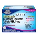 Ohm Loratadine Chewable, Dye Free, Bubblegum, Non-Drowsy 24h Relief of Sneezing, Runny Nose, Watery Eyes, Itchy Throat o Nose, Antihistamine, Indoor &amp; Outdoor Alergies, 5mg, 30 Tablets