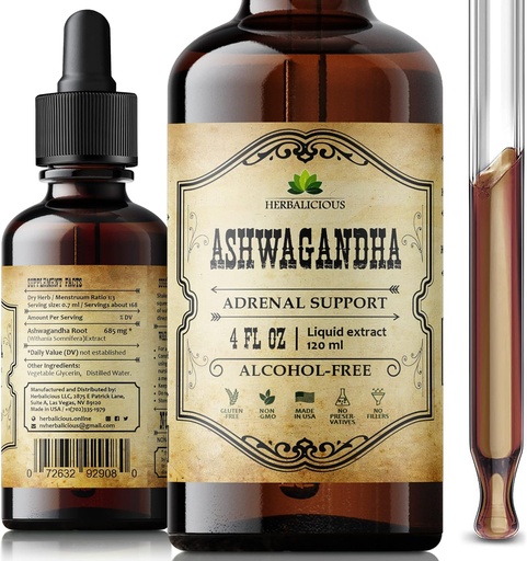 [B0BCGBC842] Suplementos de Ashwagandha – Orgánica Somnifera Extracto de gotas líquidas – Alivio de Estrés Natural, Booster de Mood, Ayuda de Dormir y Apaciguador – No GMO, Fórmula Vegana – 4 fl oz