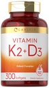 Carlyle Vitamin K2 D3 Suplemento Silencio 300 Softgels TEN 200mcg K2 MK7 " 10,000 IU D3 ANTE No GMO, Gluten Free