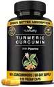 Curcumina Turmérica con Extracto Pepper Negro (Piperina) - 120 cápsulas tuméricas vegetarianas - Premium 95% Curcuminoides Estándarizados - Alta Absorción & Potency - Suplemento de Soporte Conjunto
