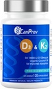 CanPrev D3 & K2 Vitaminas 120 Softgels, 120-Day Supply, 1000IU Vitamina D3 &amp; 120mcg K2, soporta huesos fuertes, dientes &amp; corazón Wellness, Easy-to-Absorb con aceite de coco orgánico, sin GMO, gluten, soy, lácteo