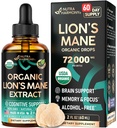 Lions Mane Liquid - USDA Certified Organic Lions Mane Supplement - Brain Support, Energy, Memory & Focus - Sugar &amp; Alcohol-Free Lion's Mane Mushroom Extract 72,000 mg / Botella, 2 Fl OZ, 2 Month Supply