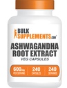 BulkSupplements.com Aswagandha Root Extract Capsules - Ashwagandha 600mg, Ashwagandha Suplemento, Ashwagandha Root Capsules, Vegan & Gluten Free, 1 cápsulas por Serving, 240 Veg Capsules