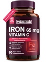 Suplemento de hierro para mujeres hombres, hierro de alta potencia 65 mg con vitamina C 250mg, baja liberación de estómago píldoras de hierro amigable para la célula de sangre roja &amp; apoyo inmunológico, no GMO, Gluten Free, 60 pestañas Vegan