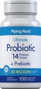 Piping Rock Probiótico y Prebiótico para Mujeres y Hombres Silencio 50 Billion CFU Silencio 100 cápsulas  Ultimate 14 Suplemento Strain Silencio Vegetarian, Non-GMO, Gluten Free